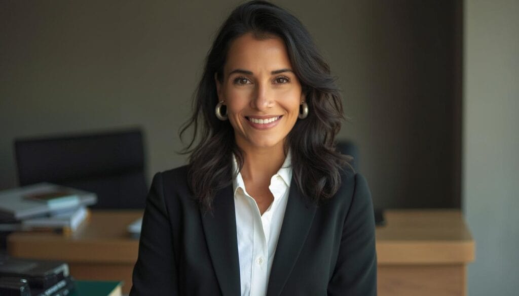 Noé Femme souriante en costume, bureau en arrière-plan.
