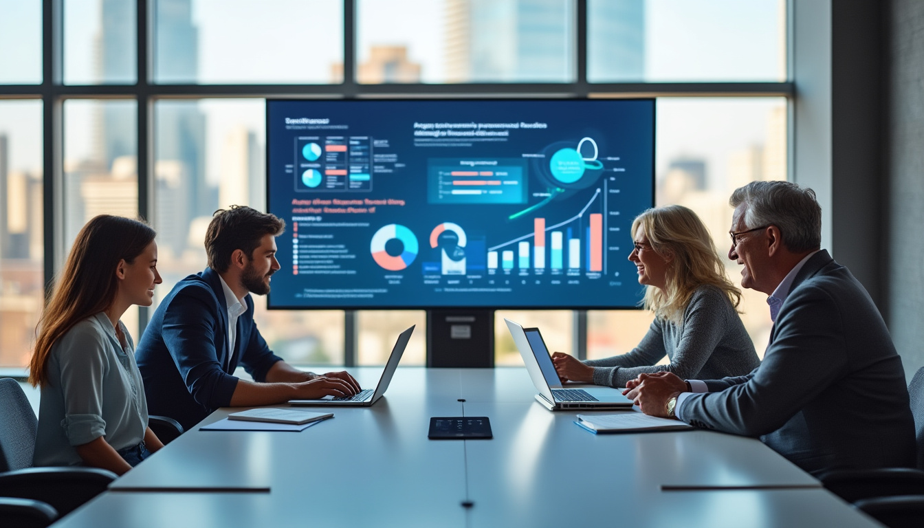 Réunion professionnelle avec graphiques sur écran.