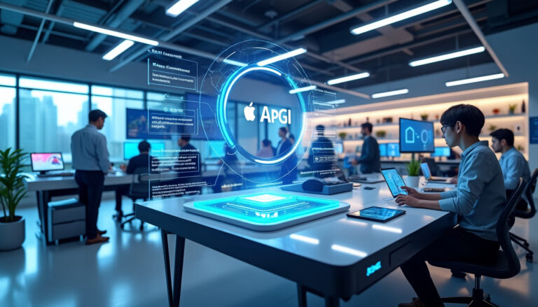 Bureau moderne avec hologrammes technologiques et travailleurs.