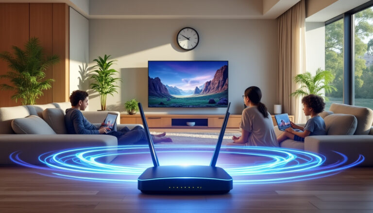 Famille connectée au Wi-Fi dans le salon moderne.