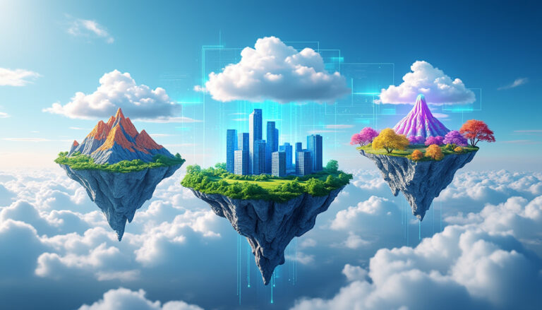 Îles flottantes avec montagnes et gratte-ciels futuristes