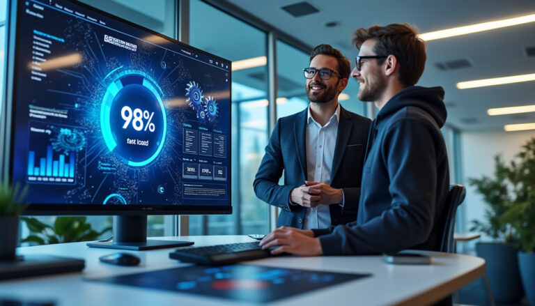 Deux hommes discutent devant un écran d'ordinateur.