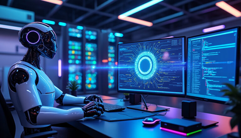 Robot travaillant devant un écran informatique futuriste.