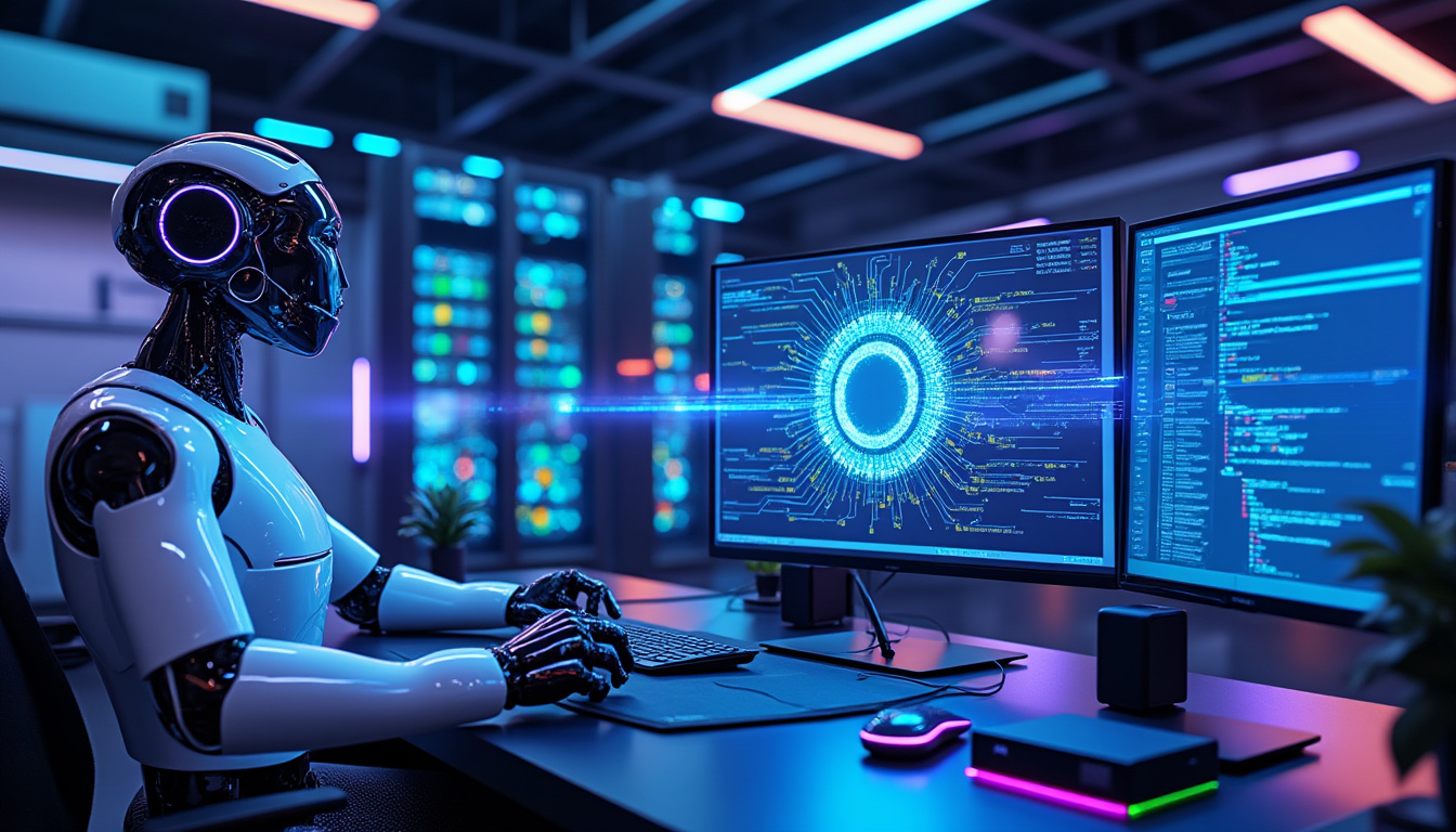 Robot travaillant devant un écran informatique futuriste.