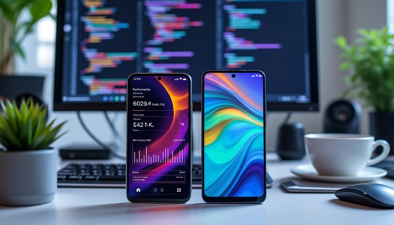 Deux smartphones devant écran avec code informatique