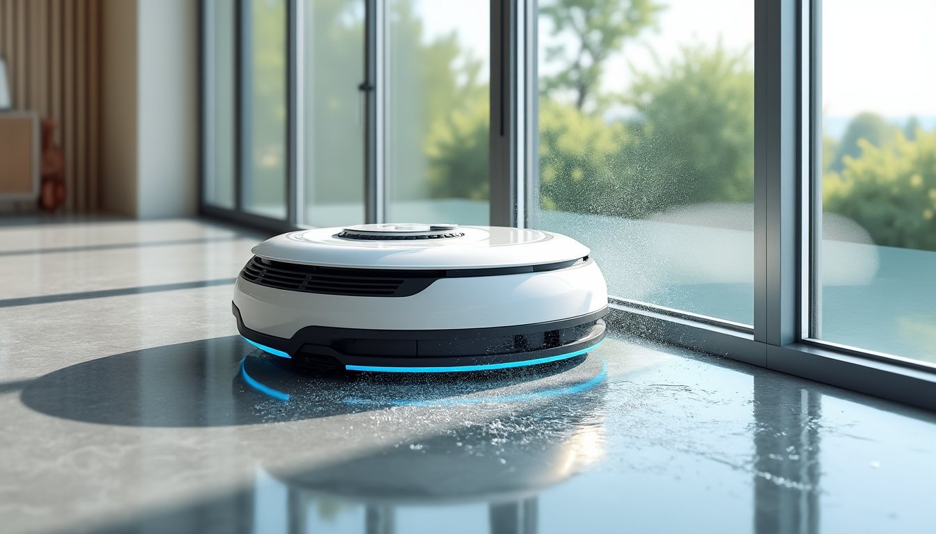 Robot aspirateur nettoyant le sol près de fenêtres.