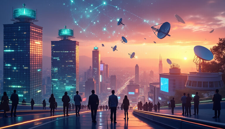 Ville futuriste avec antennes et coucher de soleil