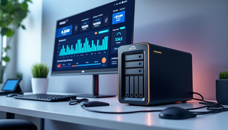 Station de travail avec serveur NAS et écran.