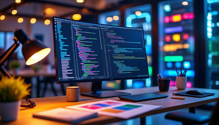 Écran affichant code dans bureau moderne avec serveurs