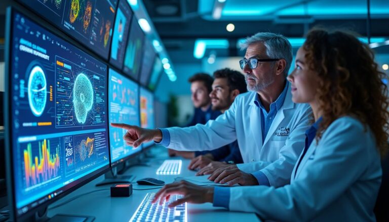Scientifiques analysant des données sur plusieurs écrans.