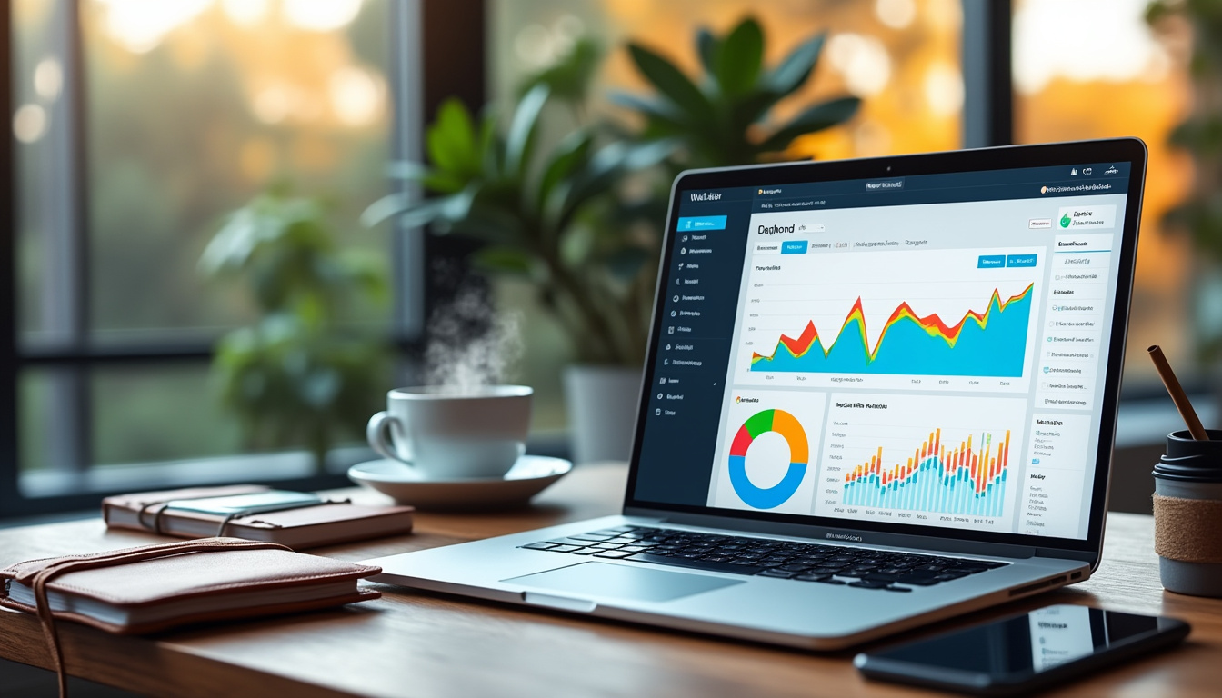 Ordinateur affichant des graphiques analytiques sur un bureau.