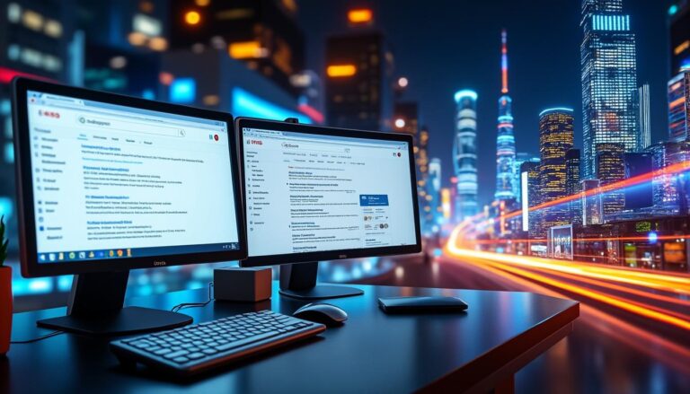 Bureau avec deux écrans d'ordinateur de nuit.