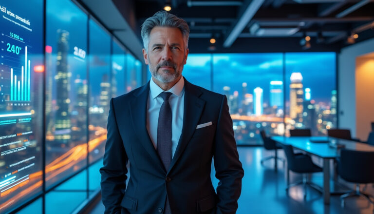 Homme en costume dans un bureau moderne, vue nocturne.