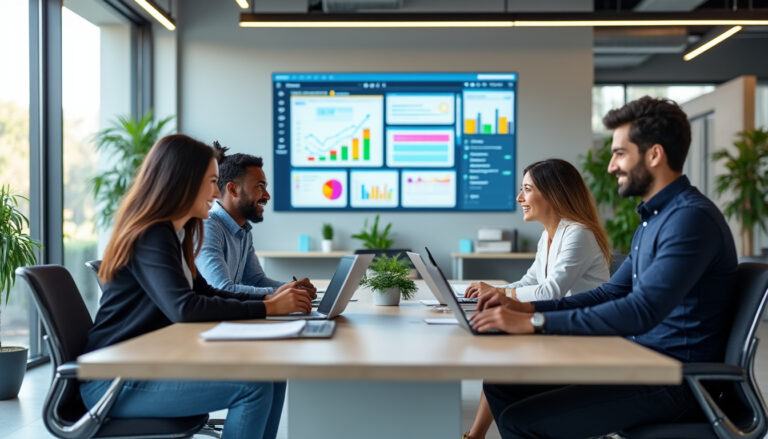 Réunion d'équipe avec graphiques sur écran géant.