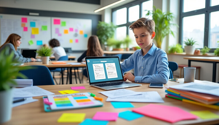 Enfant étudiant avec ordinateur portable en classe moderne.