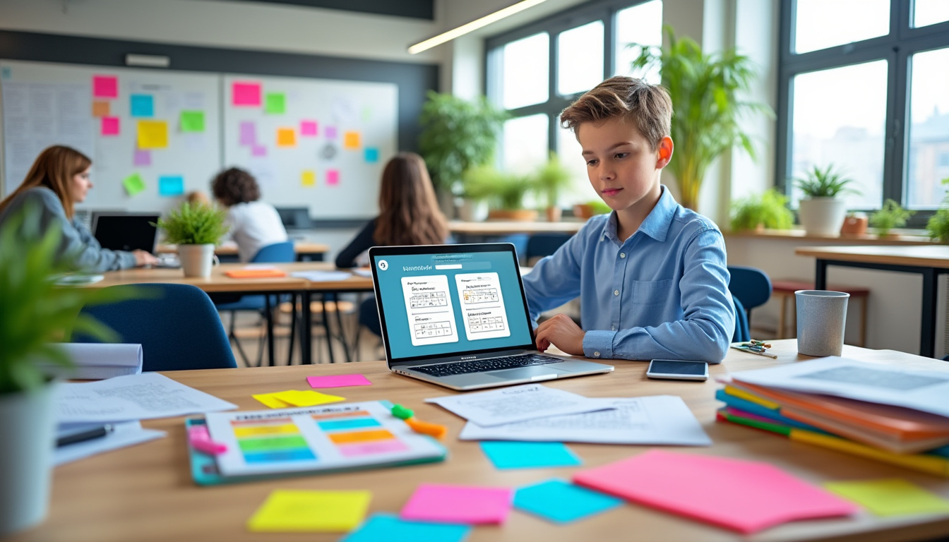 Enfant étudiant avec ordinateur portable en classe moderne.