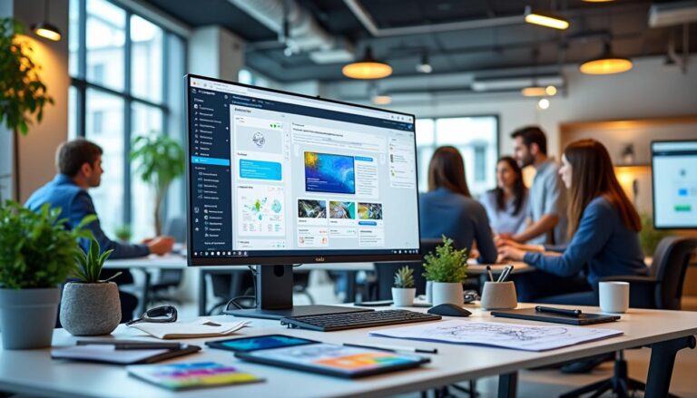 Bureau moderne avec écran d'ordinateur et équipe en réunion.