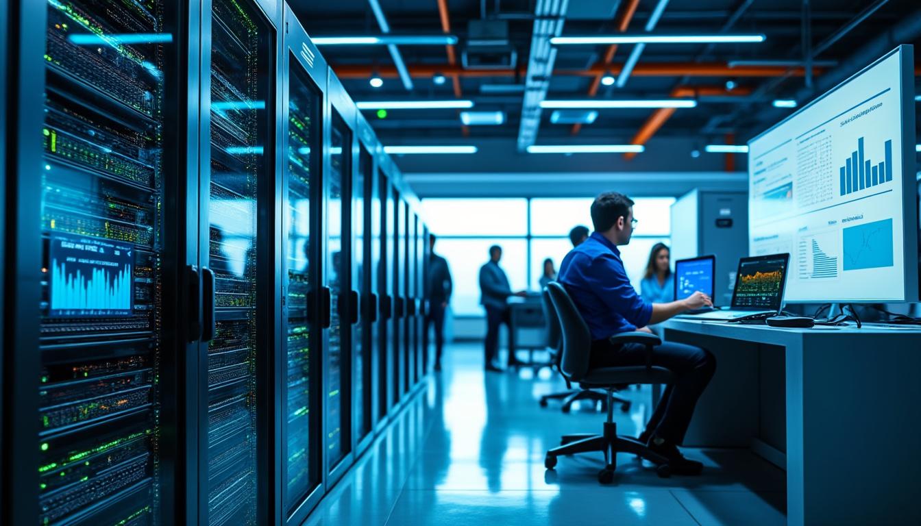 Ingénieur surveillant serveurs dans un centre de données.