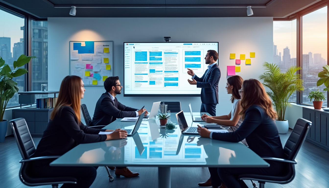Réunion d'équipe en salle de conférence moderne.