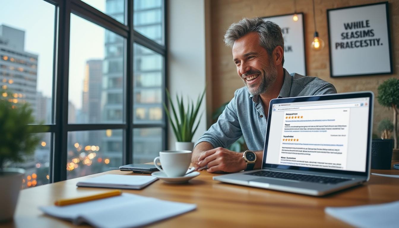 Homme souriant devant un ordinateur dans un bureau