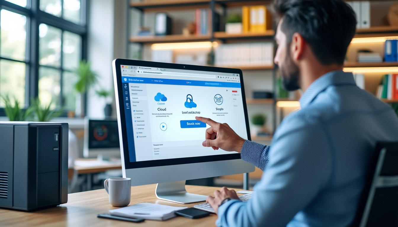 Homme utilisant un ordinateur dans un bureau moderne.