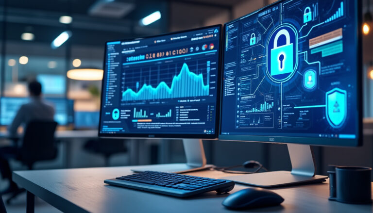 Ordinateur affichant des graphiques et sécurité en cybersécurité