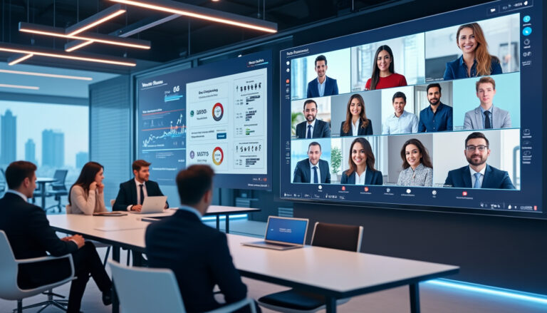 Réunion d'affaires en visioconférence et en salle.