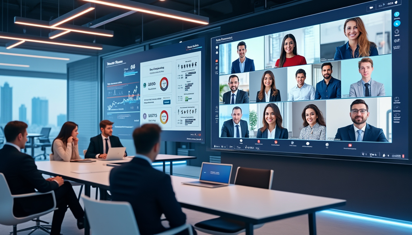 Réunion d'affaires en visioconférence et en salle.