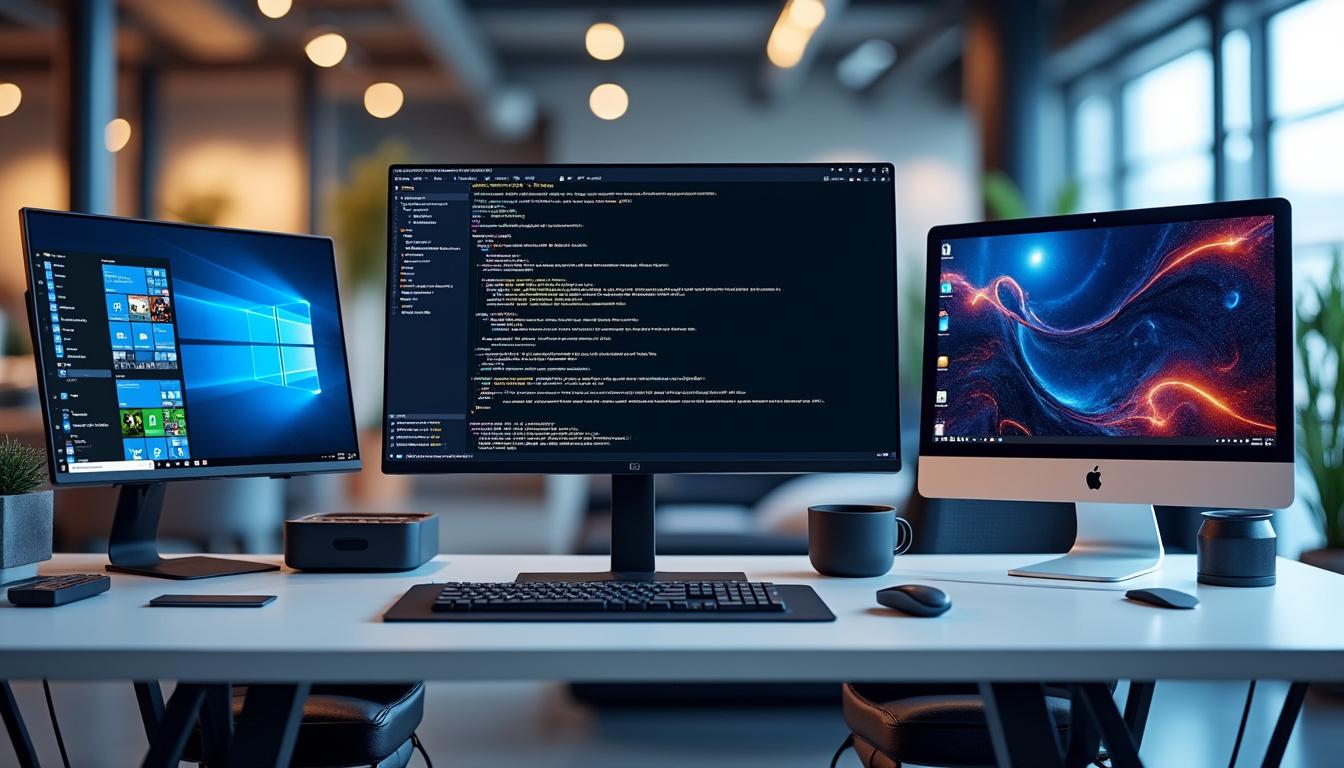 Trois écrans d'ordinateur sur un bureau moderne.