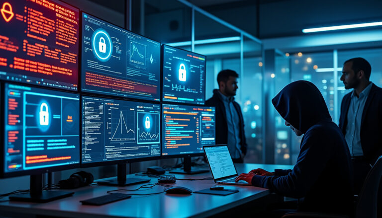 Homme en capuche devant plusieurs écrans de sécurité.