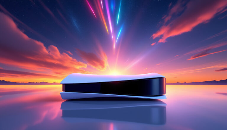 Console futuriste avec ciel coloré au coucher du soleil.