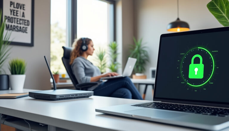Femme travaille sur ordinateur sécurisé bureau moderne