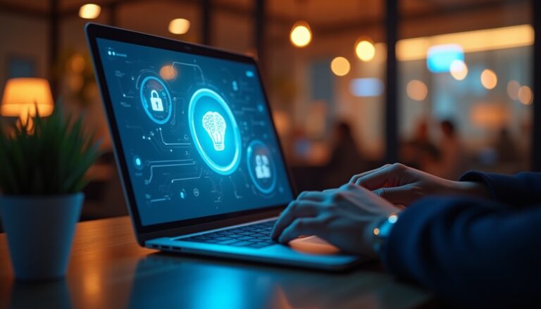 Personne utilisant un ordinateur portable avec hologramme technologique.