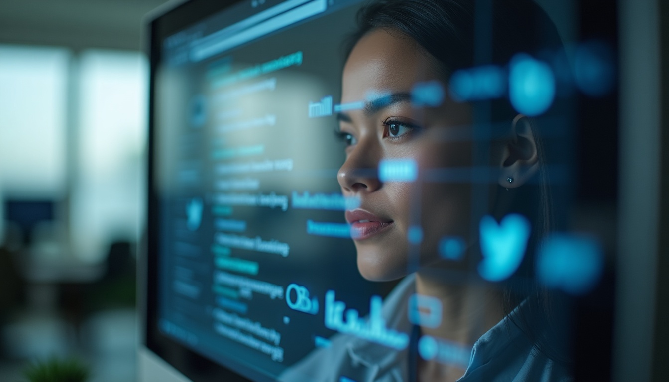 Femme regardant écran avec code informatique