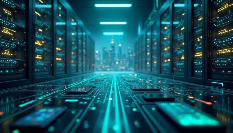 Salle serveurs haute technologie avec circuits lumineux.