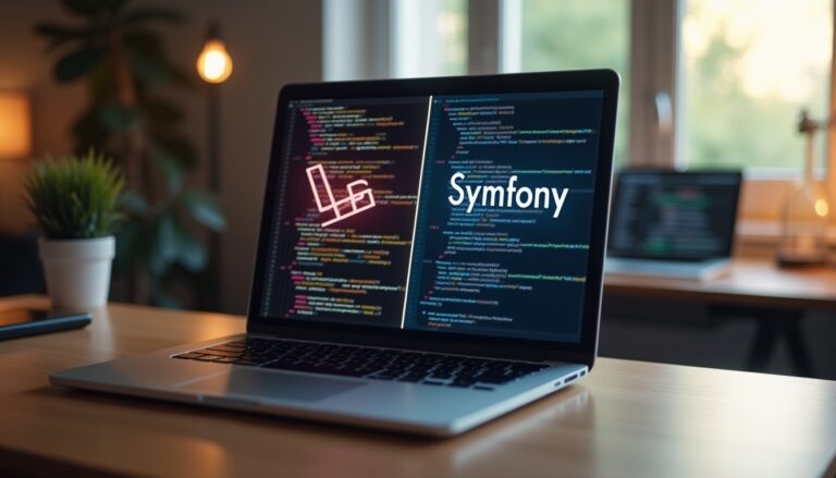 Ordinateur affichant code Laravel et Symfony