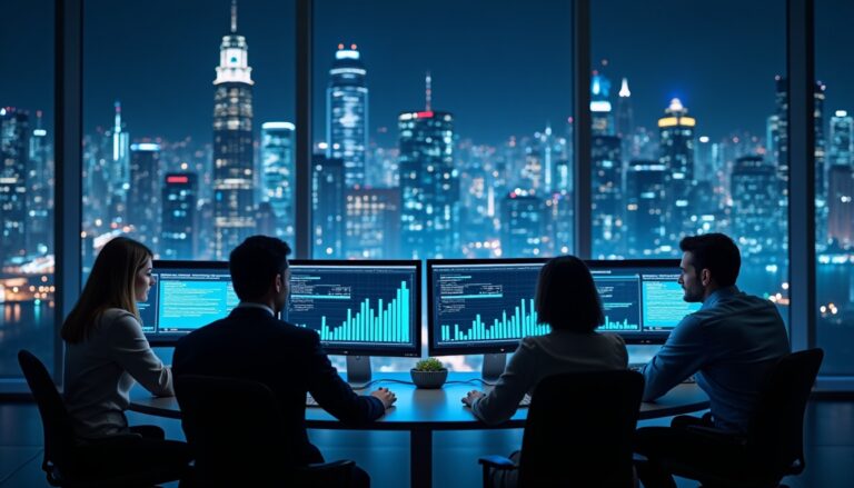 Analystes travaillant devant ordinateur, vue sur la ville.