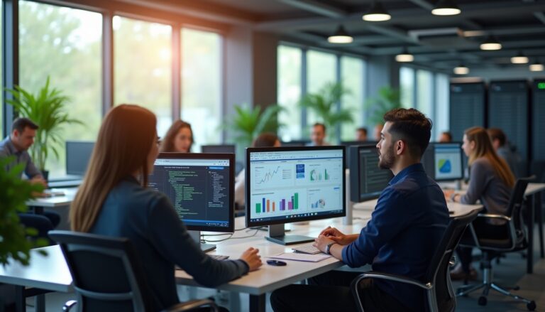 Personnes travaillant sur ordinateurs dans un bureau moderne.
