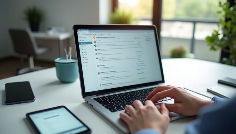 Personne utilisant un ordinateur portable pour lire des emails.