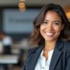 Femme souriante dans un bureau moderne.