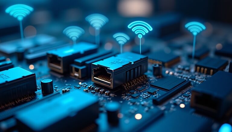 Carte mère avec connexions réseau et symboles Wi-Fi