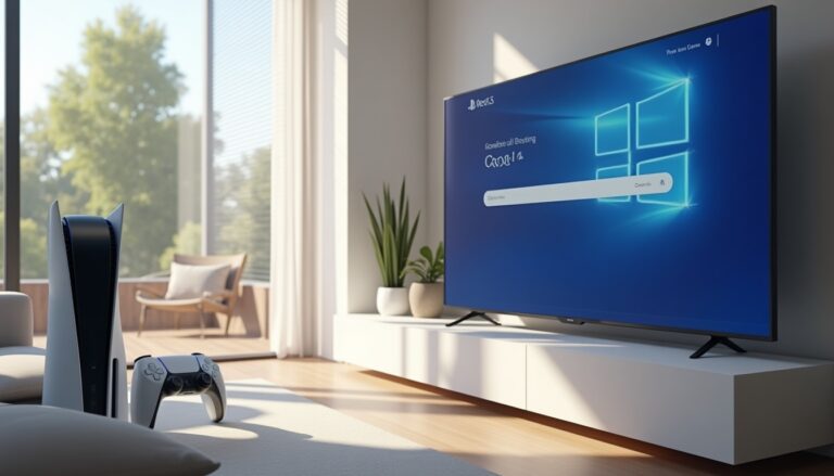 Console et écran lumineux dans un salon ensoleillé.