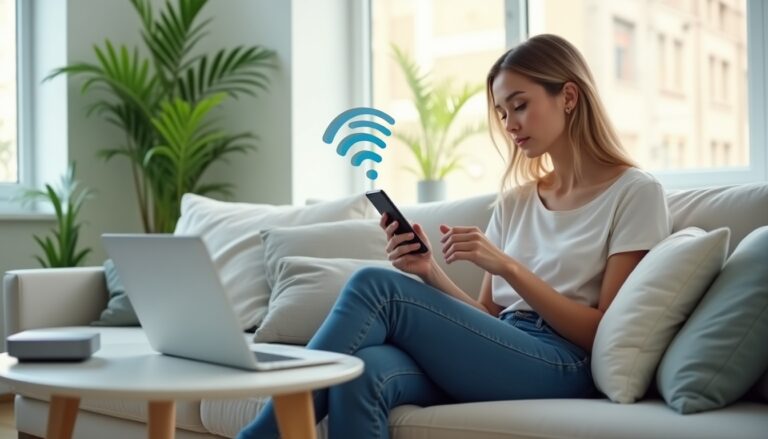 Femme utilisant smartphone avec icône Wi-Fi, salon moderne.