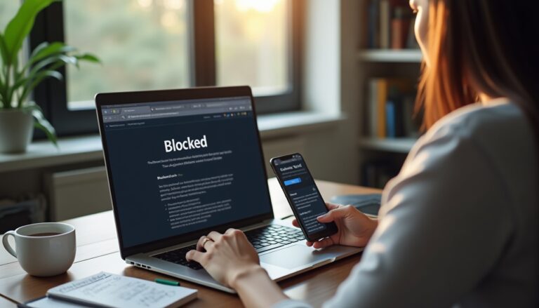 Femme avec ordinateur bloqué et smartphone en main.