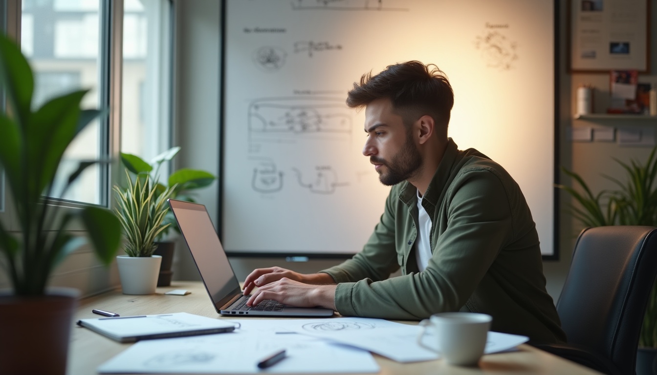 Homme travaillant sur ordinateur dans bureau lumineux.