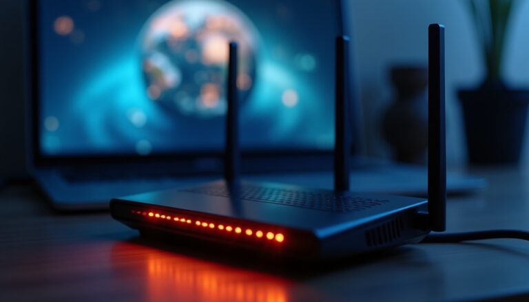 Routeur avec ordinateur portable, connexion internet active.