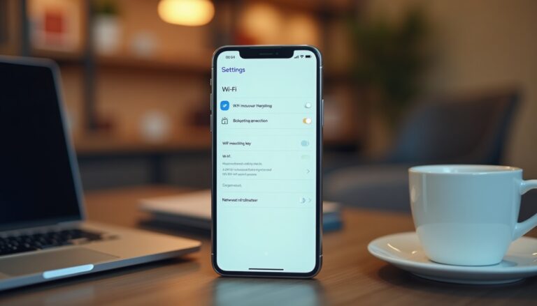 Téléphone affichant paramètres Wi-Fi sur bureau moderne.