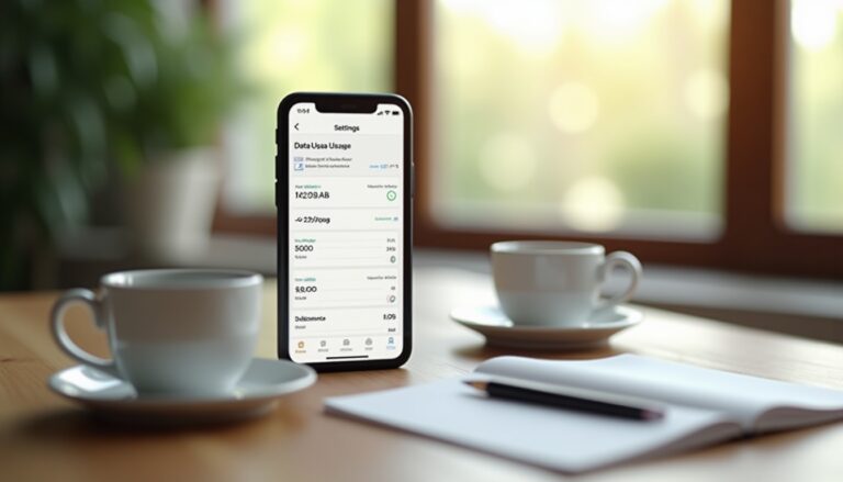 Smartphone affichant l'utilisation de données, bureau lumineux.