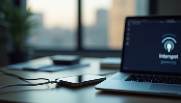 Ordinateur portable et smartphone sur un bureau lumineux.