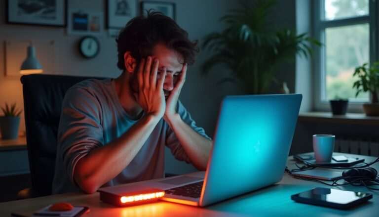 Homme stressé devant un ordinateur portable